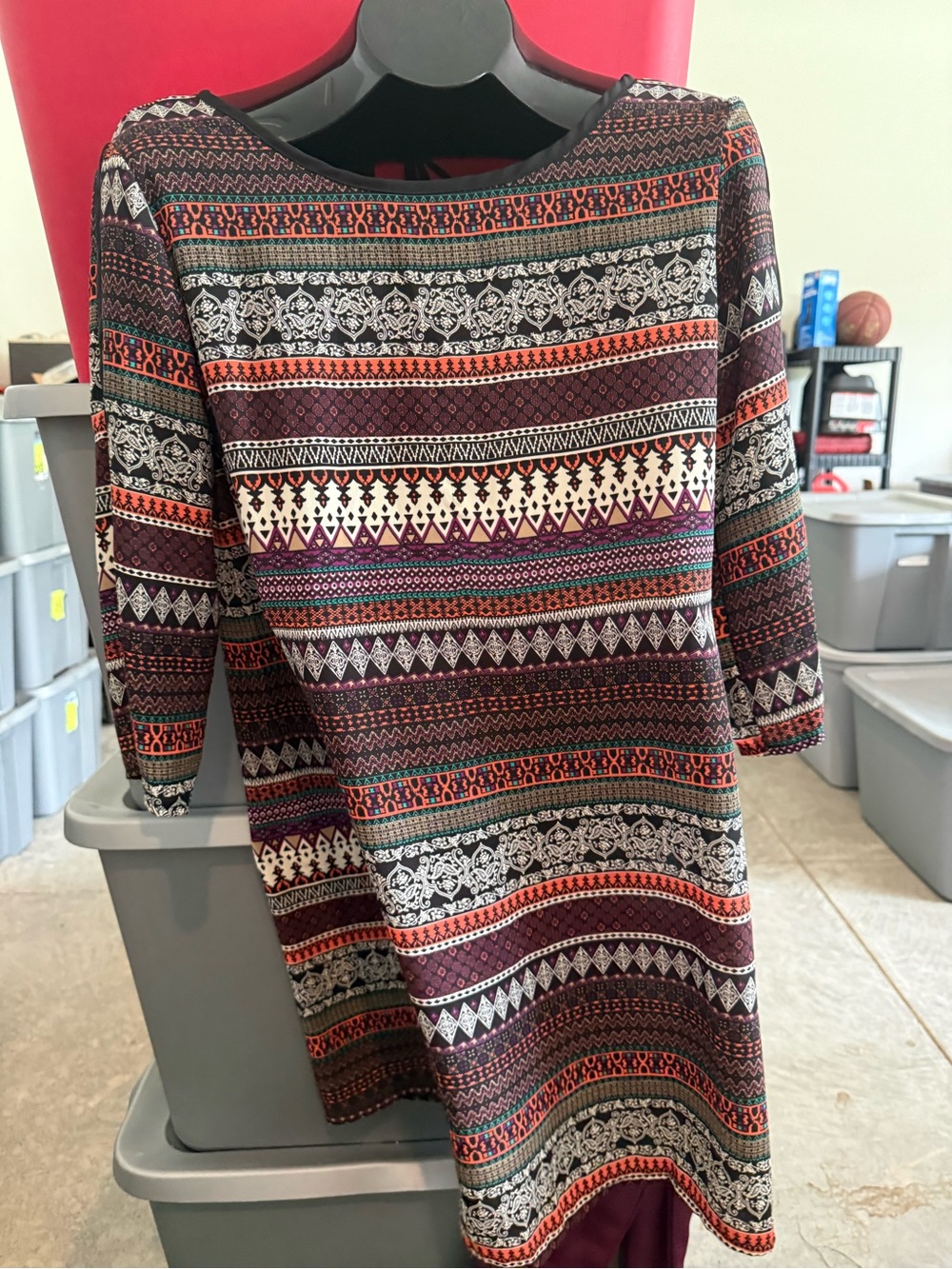 Boho Printed Shift Dress in Burgundy and Multi-Color 104